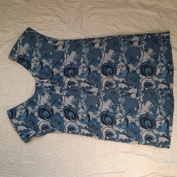 Kensie floral turquoise black grey smock style short sleeve blouse, M - Picture 5 of 9